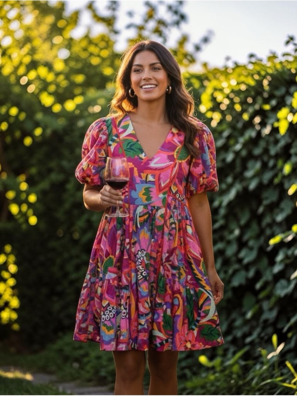 💕CROSBY by Mollie Burch Vibrant Pink Floral V-Neck Puff Sleeve Dress Size Large